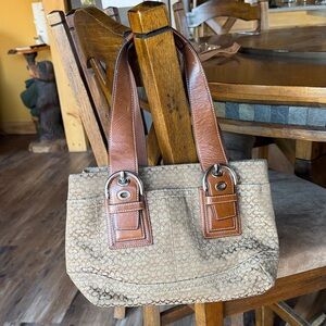 Classic Coach Neutral Tote Bag with Brown Leather Straps